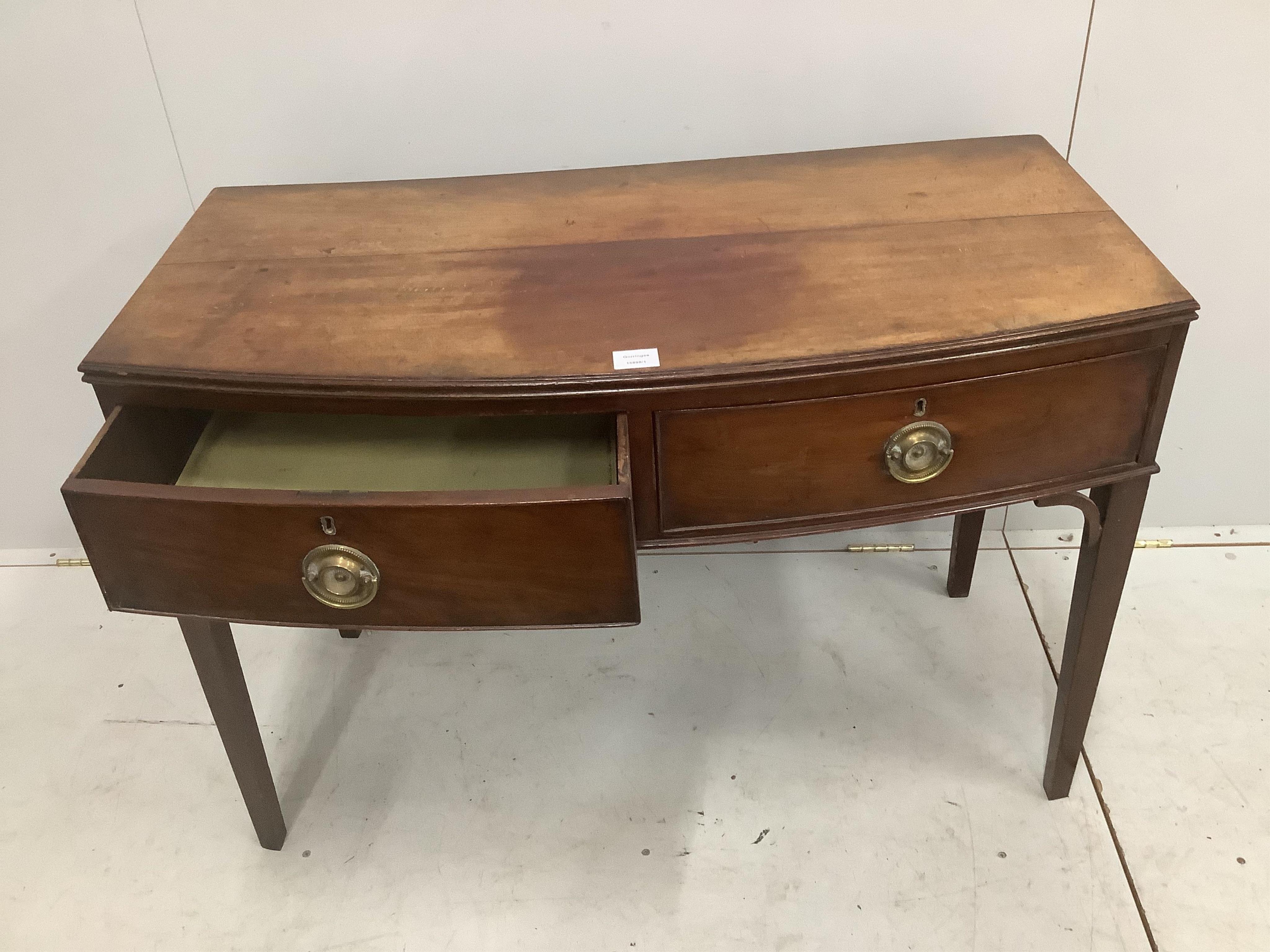 A George IV mahogany bowfront side table, width 103cm, depth 50cm, height 72cm. Condition - poor